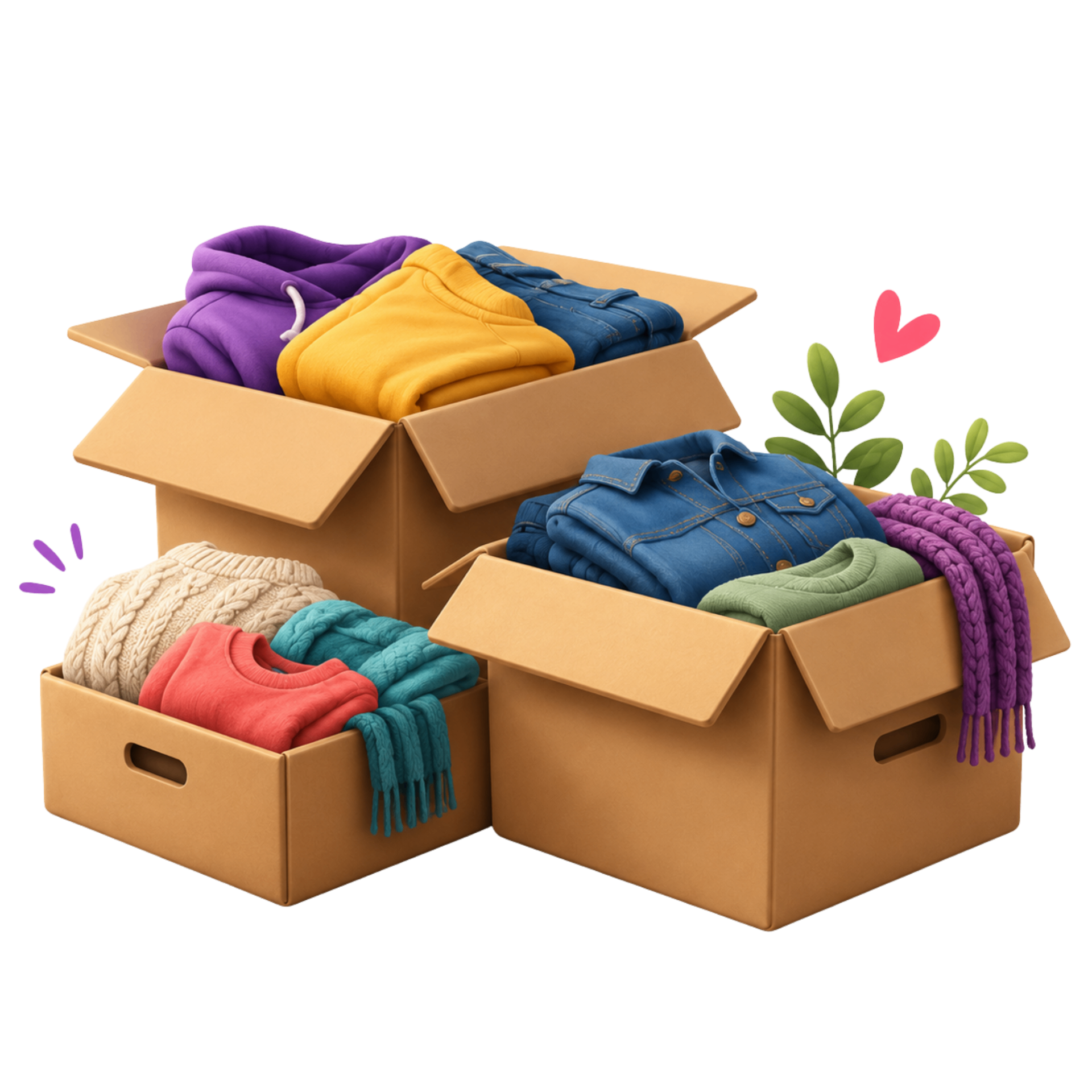 Soft 3D illustration of donation boxes filled with clothing